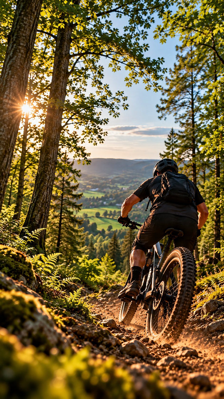 Mountain biker riding an eMTB down a woodland trail