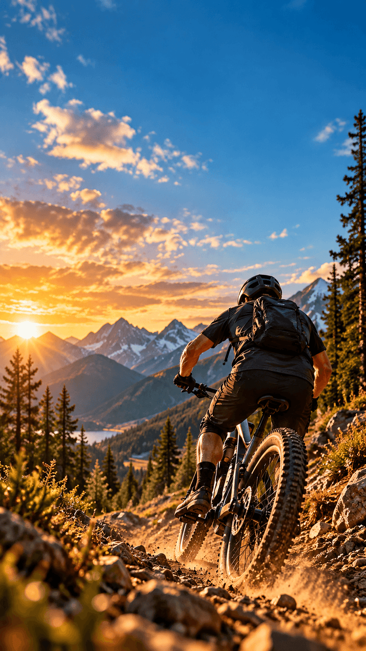 Mountain biker riding an eMTB down a mountain trail at sunset